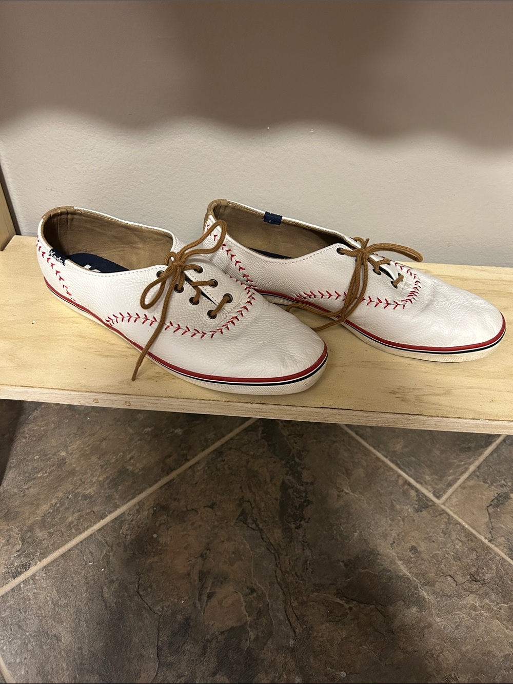 Keds White Boat Shoes with Red Stitching and Brown Laces